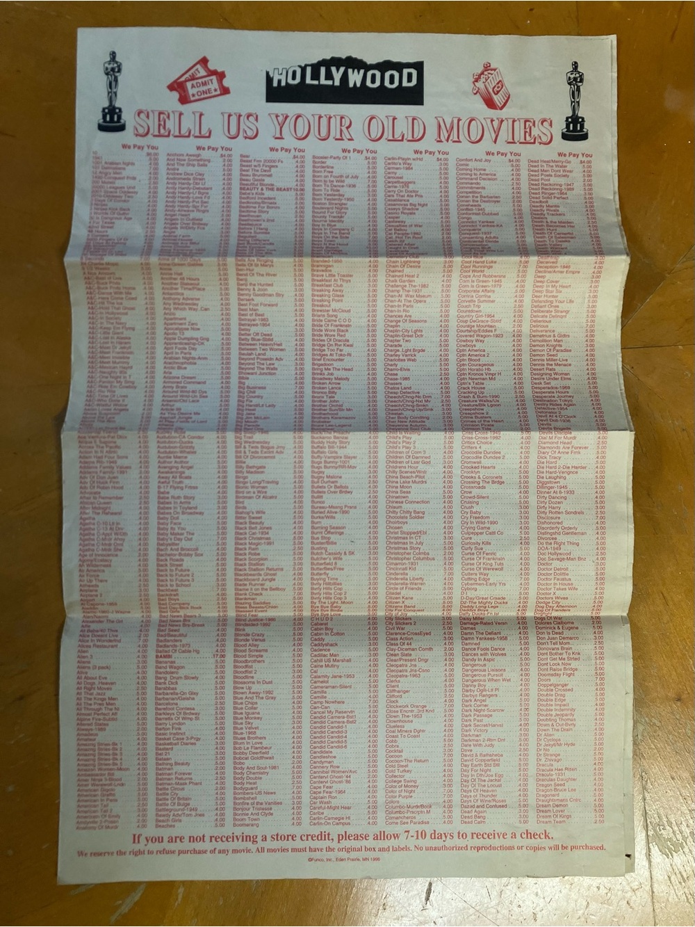 VTG 1996 Hollywood Video Movie Trade In Price Flyer Funco Land Paper